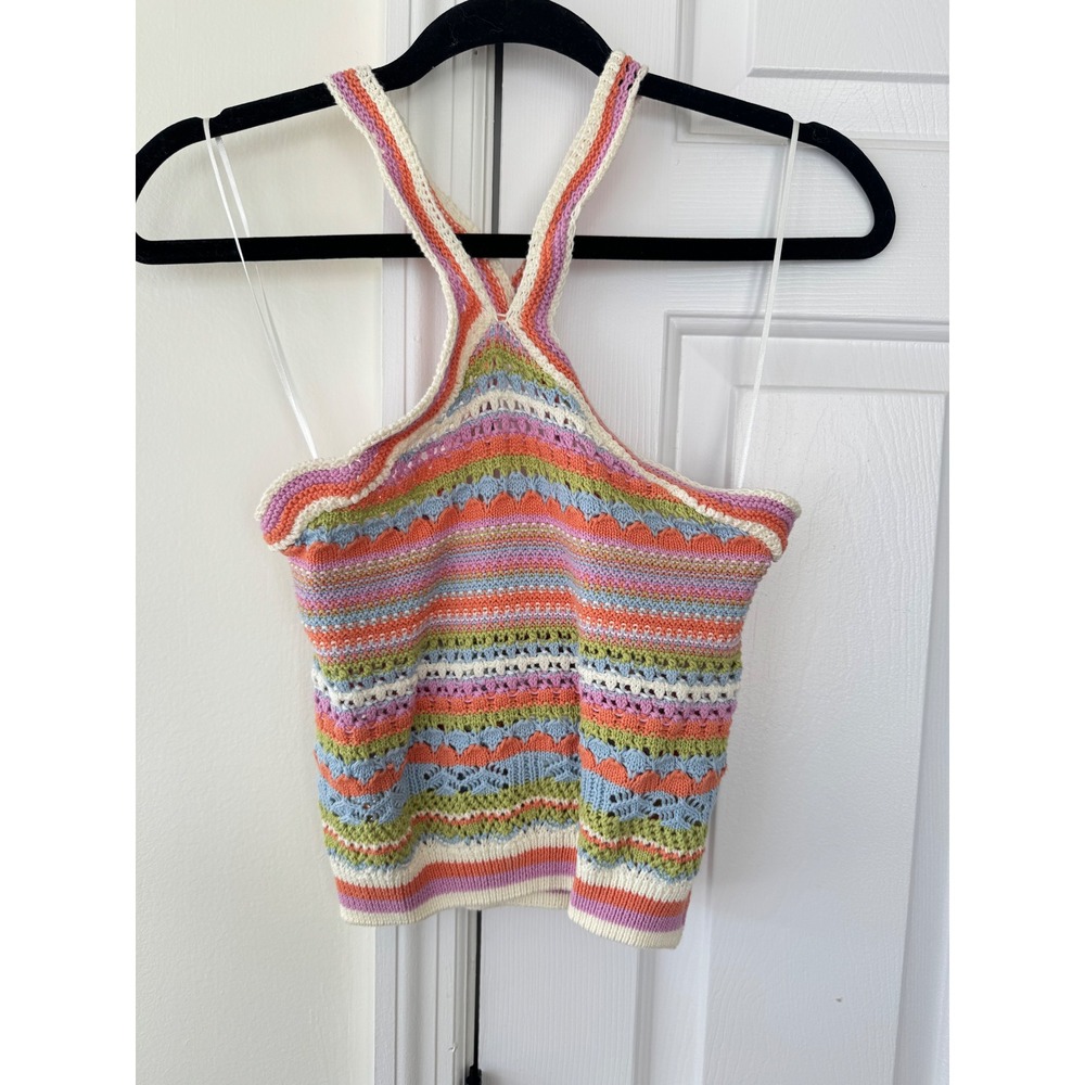 Alterd State Cropped Knit Halter Top Rainbow Striped Open Knit Women's Size XS
